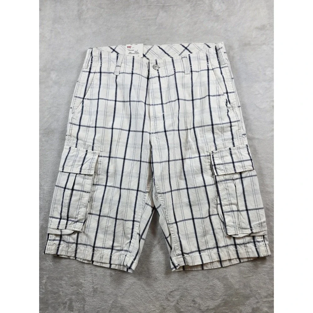 Levi's Cargo Shorts Mens 30 White Navy Plaid Cotton Relaxed Fit 505 Short NEW